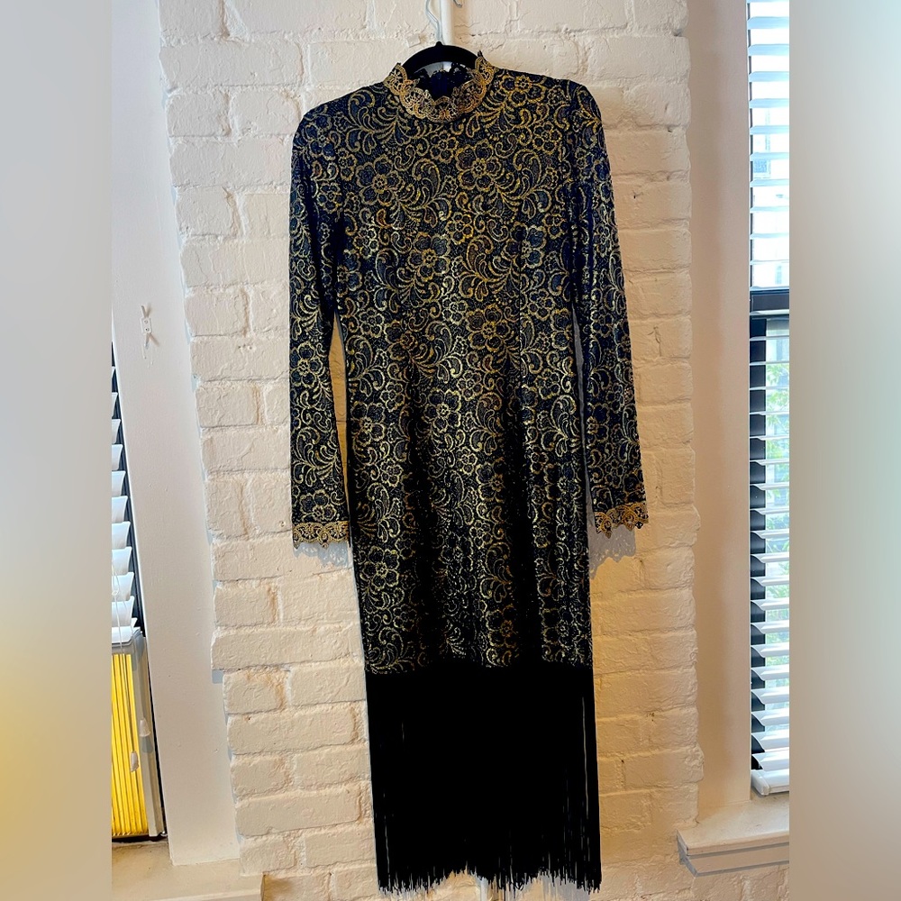 Rachel Zoe Black & Gold mock neck fridge dress, size 4
